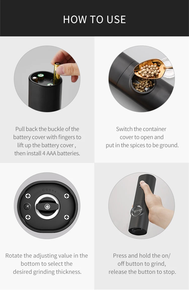 Electric Salt and Pepper Grinder Set with Adjustable Coarseness and Base