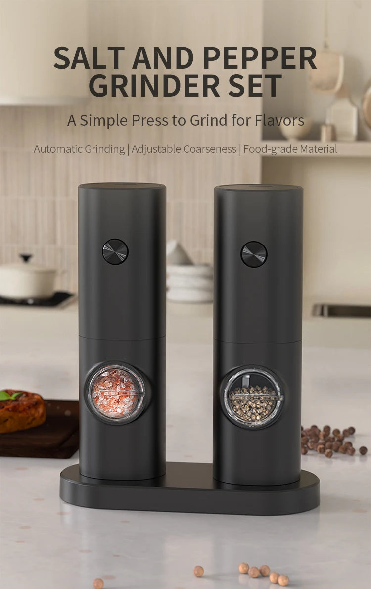Electric Salt and Pepper Grinder Set with Adjustable Coarseness and Base