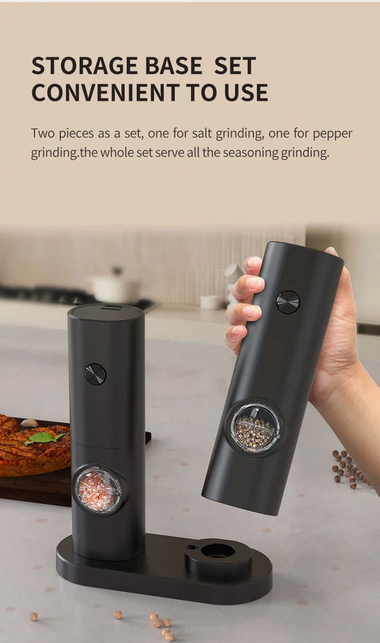 Electric Salt and Pepper Grinder Set with Adjustable Coarseness and Base