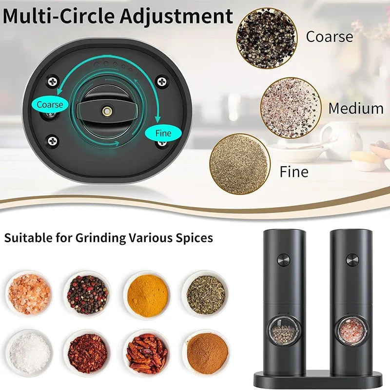 Electric Salt and Pepper Grinder Set with Adjustable Coarseness and Base